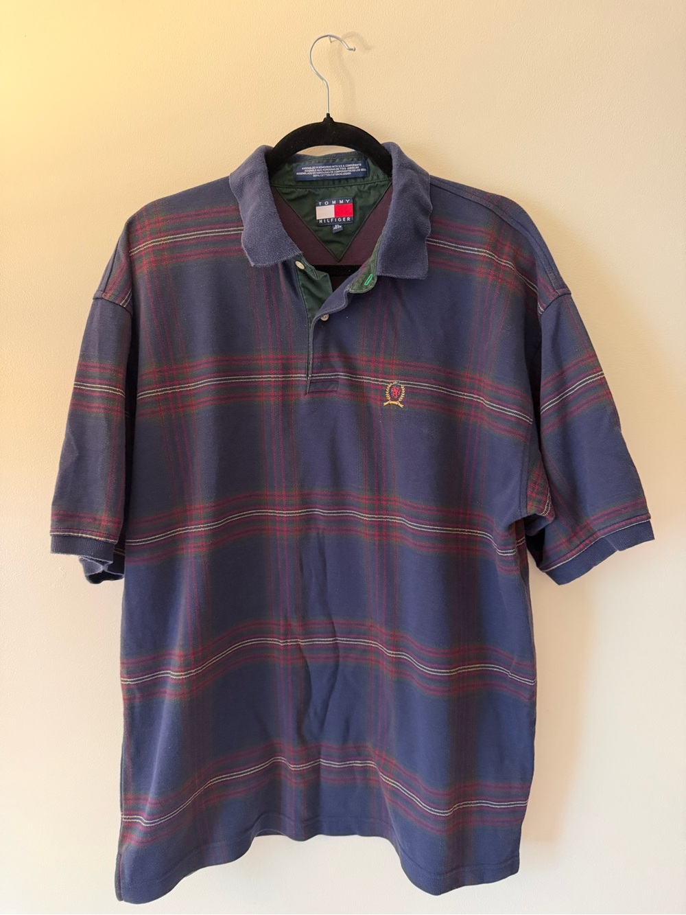 Tommy Hilfiger Navy Polo with Red Plaid Stripes